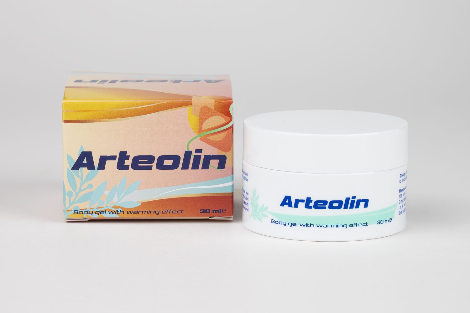Arteolin testgél: fehér, 30 ml-es tégely mentazöld csíkkal a barack- és narancsszínű doboz mellett, világosszürke háttér előtt